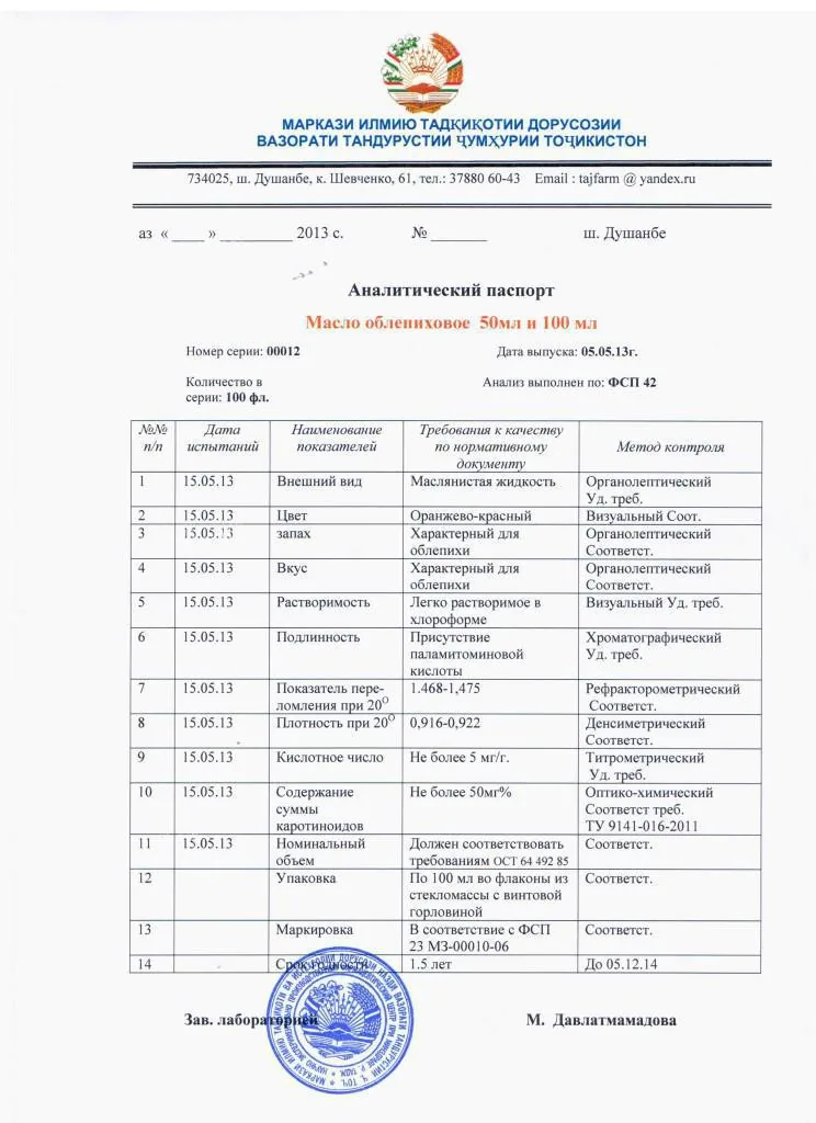 Certificate for sea buckthorn oil